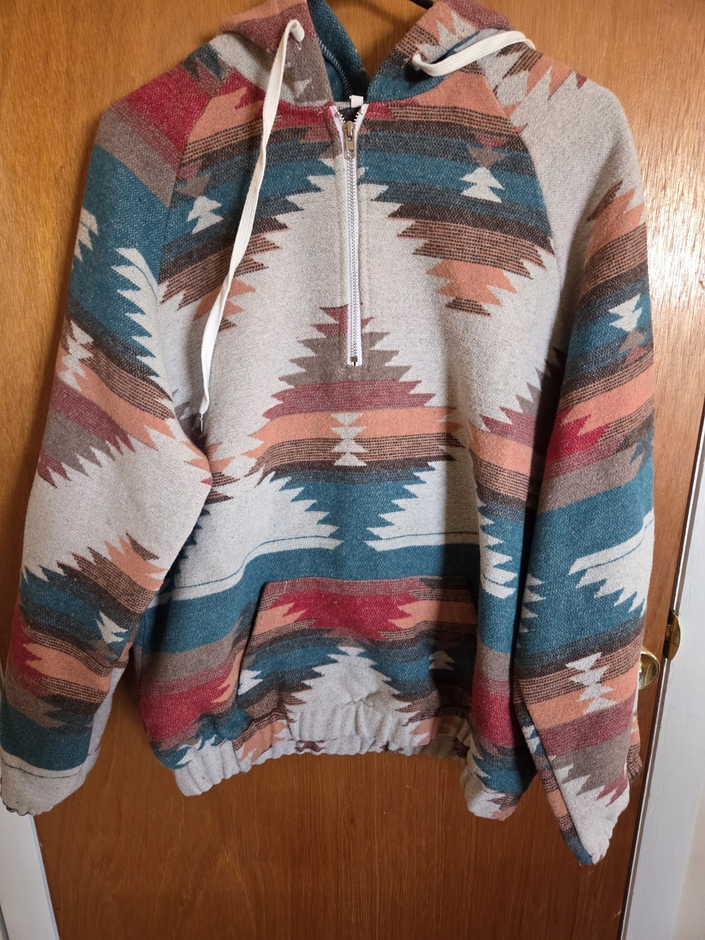 Women's Aztec Pattern Pullover Hoodie Sweater - Teal & Rust